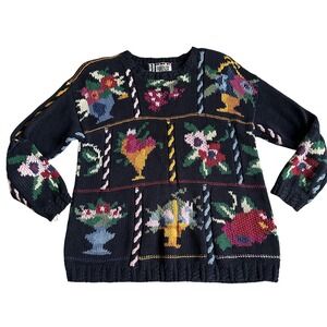 Vintage‎ Athetico Forenza Floral Sweater Womens L Chunky Knit Ramie Cotton Crew